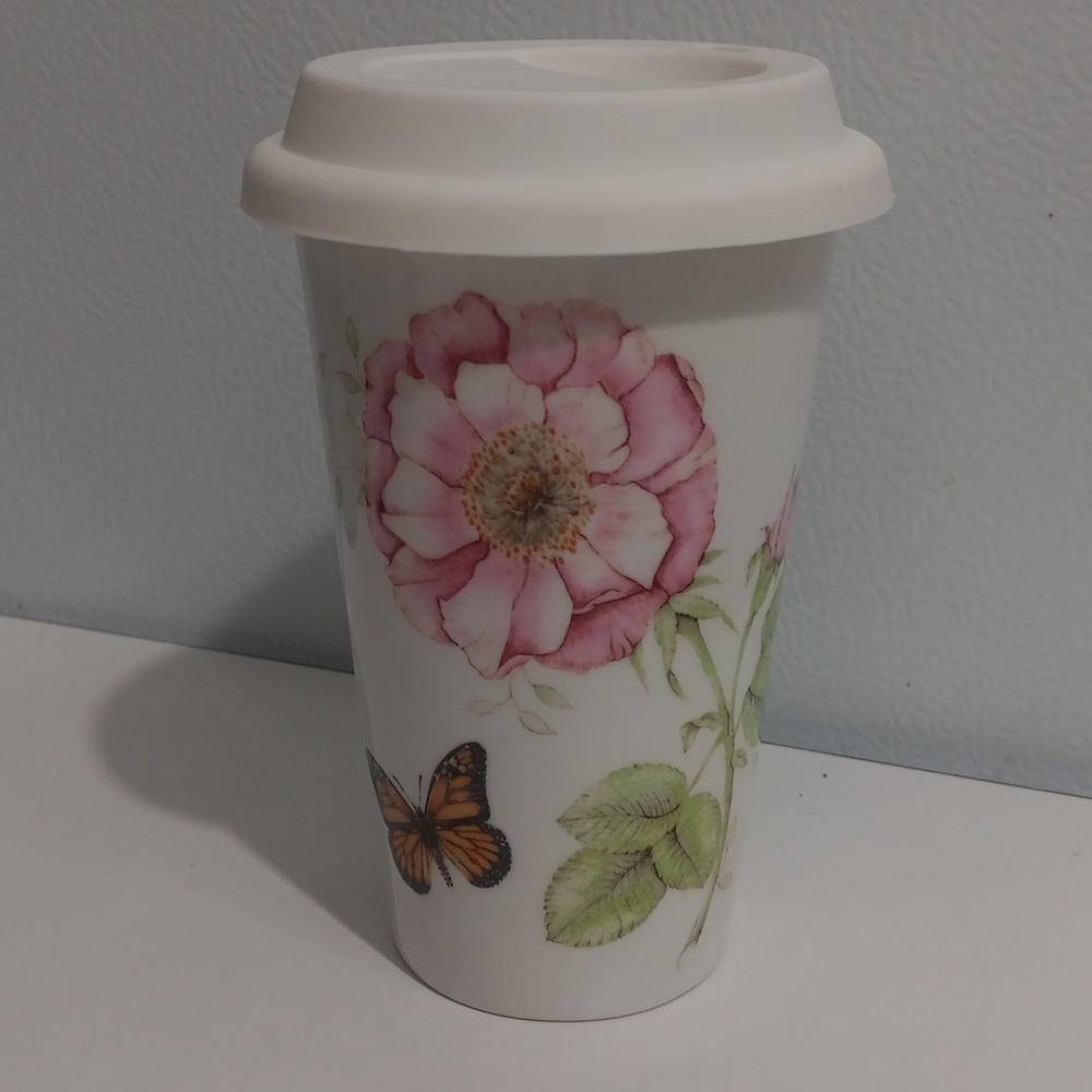 Lenox BUTTERFLY MEADOW 12oz Thermal Travel Mug - Pink/Yellow Floral - Picture 2 of 5